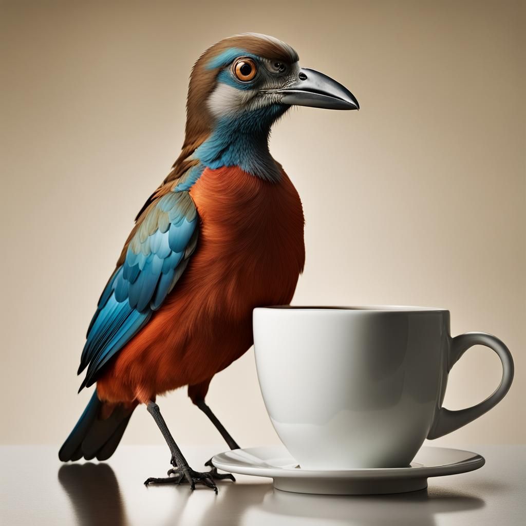 Humanoid Bird Enjoying Coffee: Professional Portrait