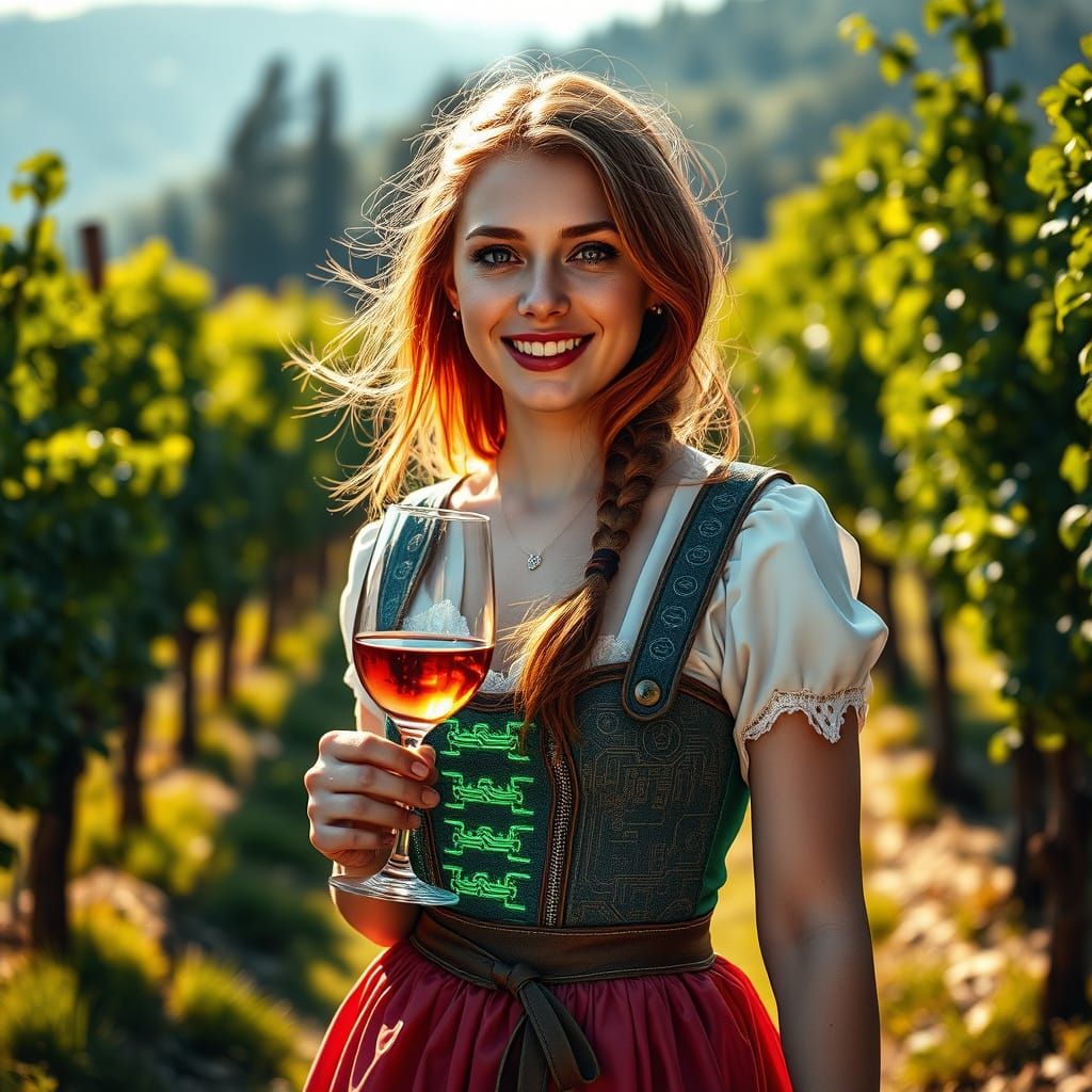Cyberpunk Bavarian Goddess in Sun-Kissed Vineyard