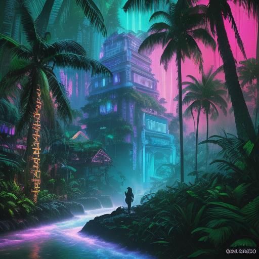 Vaporwave Rainforest Village with Glitch Effects