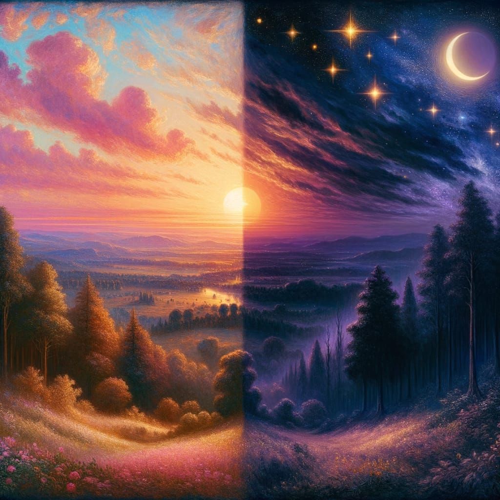 Victorian Oil Painting of Sunset and Night Forest