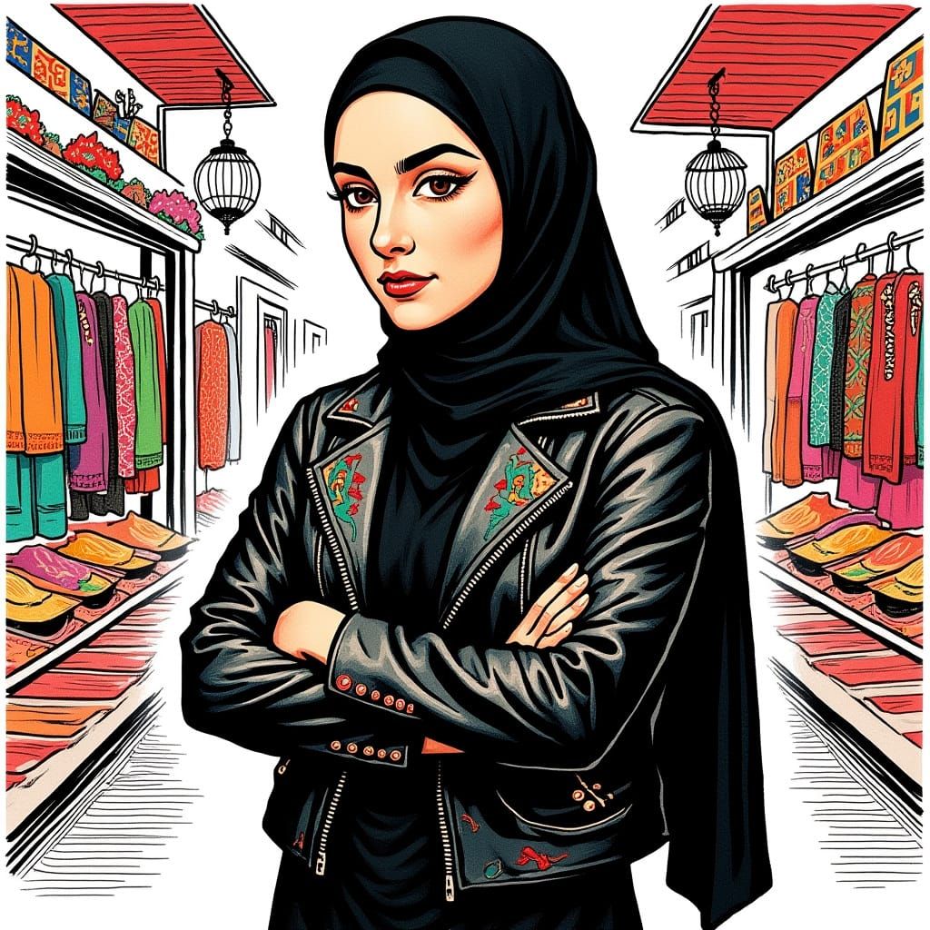 Poised Woman in Hijab: Ink Wash Portrait