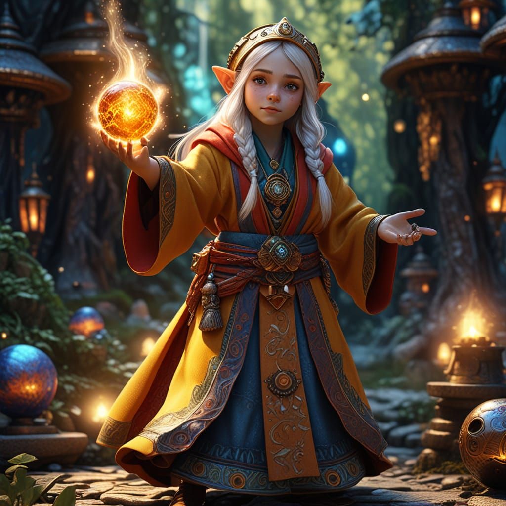Gnome Sorceress Casting Fireball in Fantasy Art