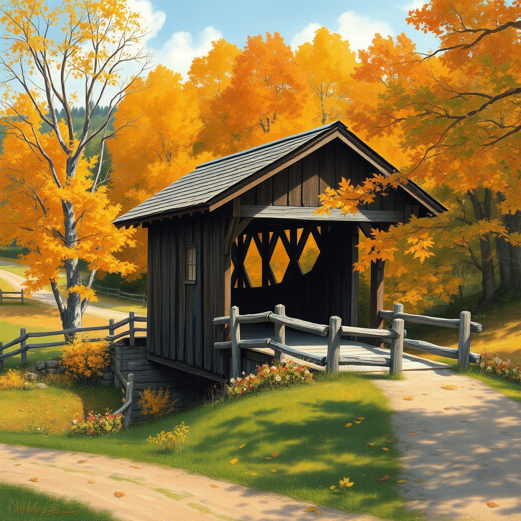 Autumn Covered Bridge in American Storytelling Style