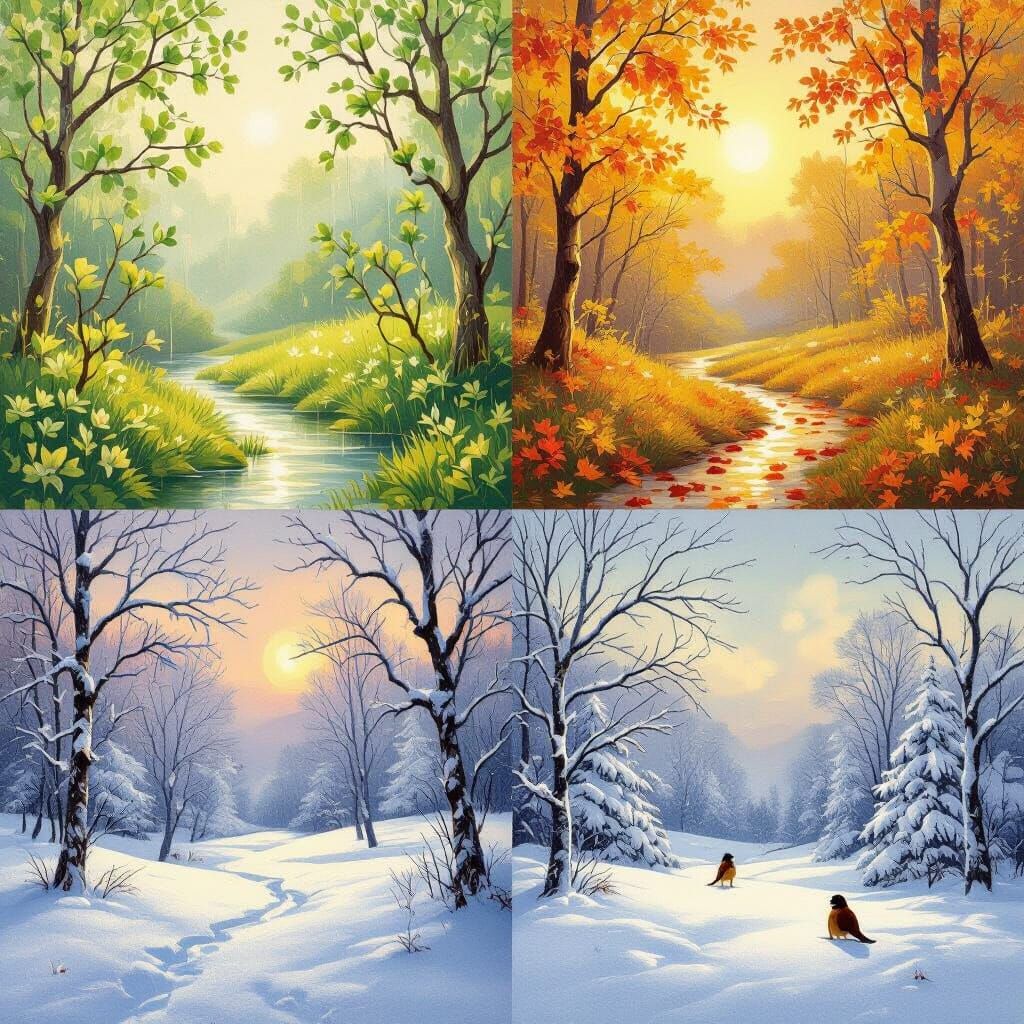 Four Seasons Painting in Impressionist Style