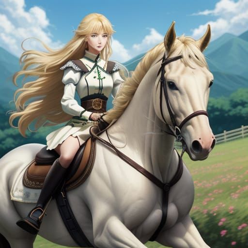 Anime Key Visual: Blonde Woman Riding Horse in Lush Countrys...