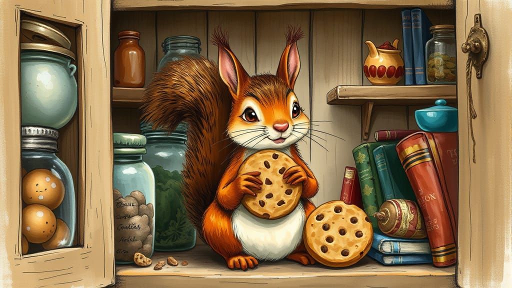 Squirrel's Cookie Caper: Whimsical Storybook Illustration