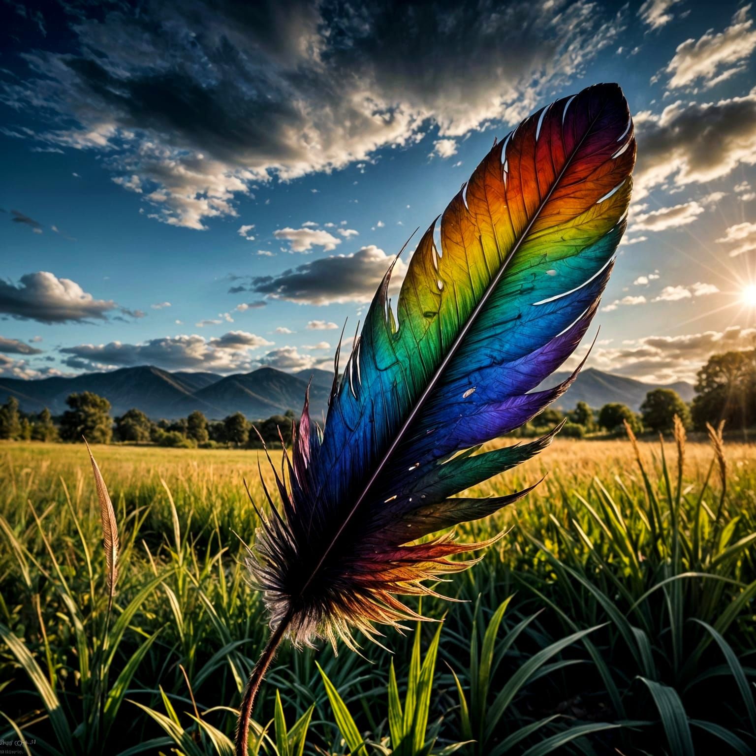 Rainbow Feather Sways in Serene Sunny Landscape
