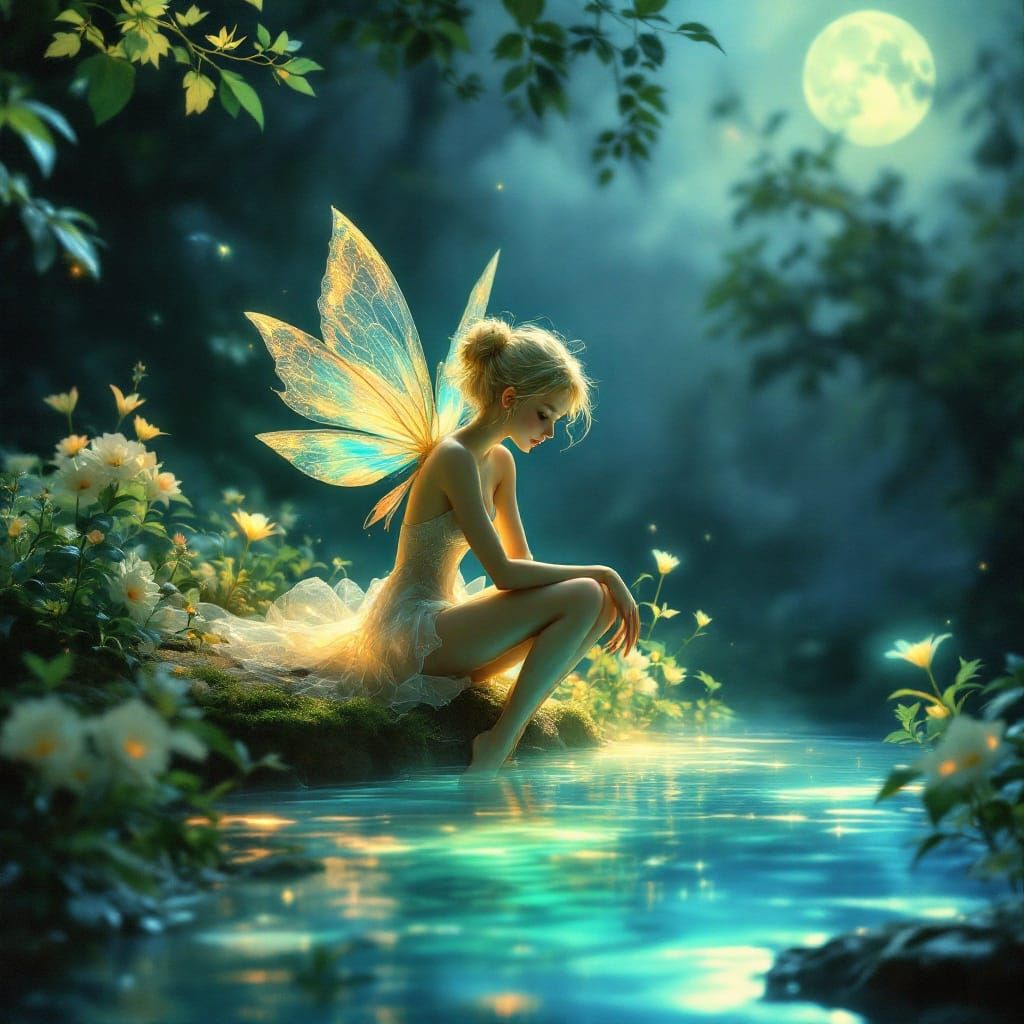 Moonlit Fairy Amidst Whimsical Greenery