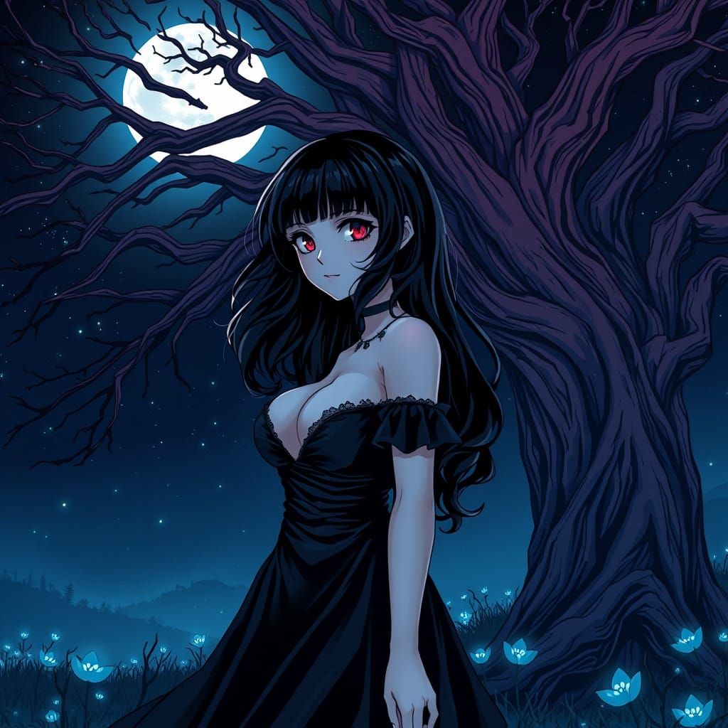 Gothic Emo Girl Under Moonlit Ancient Tree