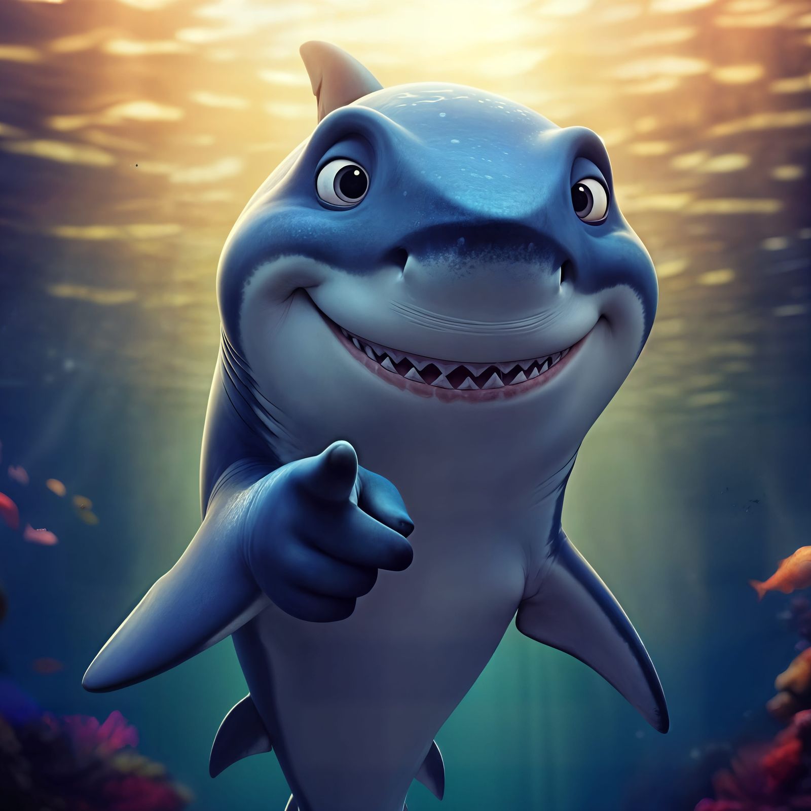 Cute CGI Cartoon Shark Smiling in Sunny Ocean