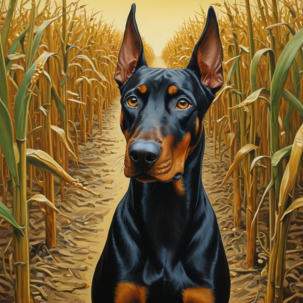 Surreal Doberman Pinscher in Melting Cornfield