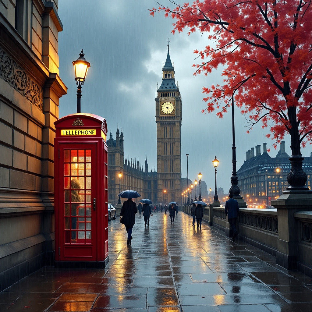 Rainy London Street Scene with Red Telephone Booth