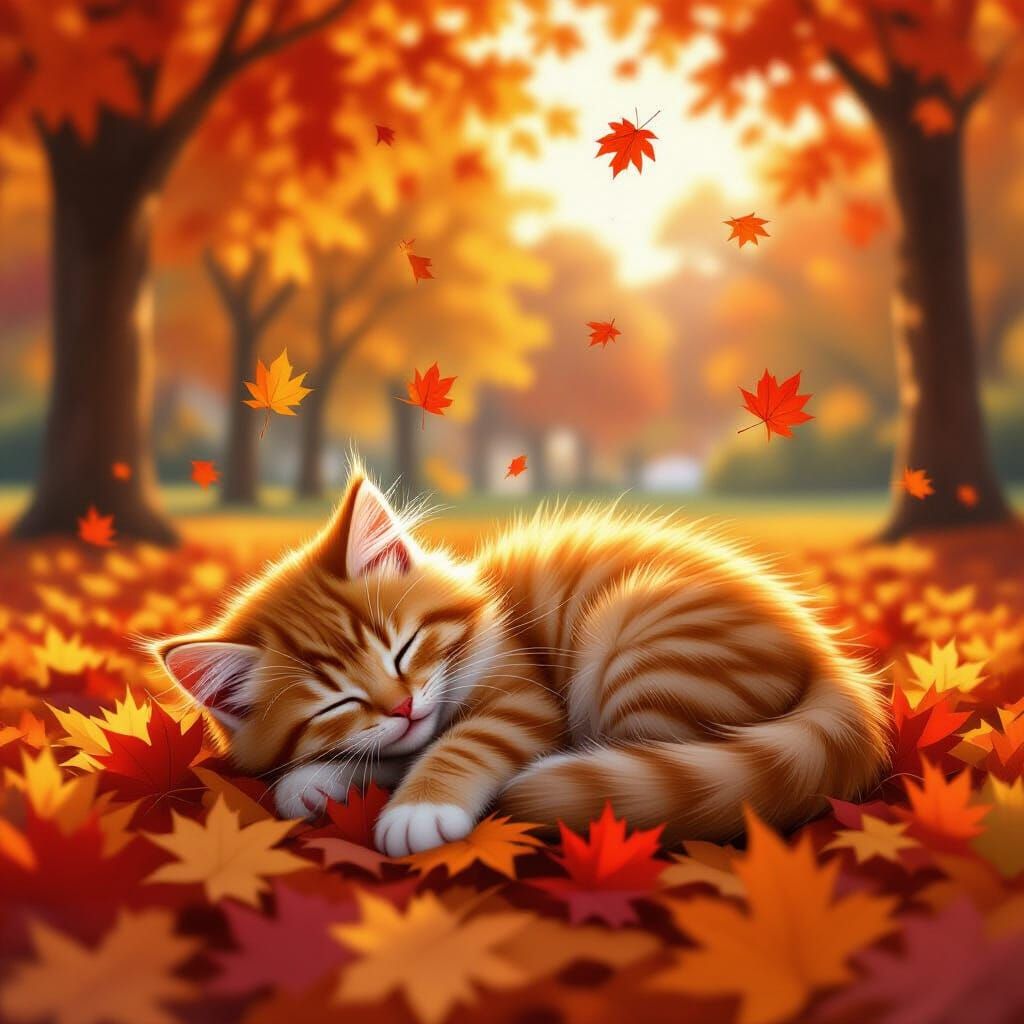 Fluffy Ginger Kitten in Autumn Leaves