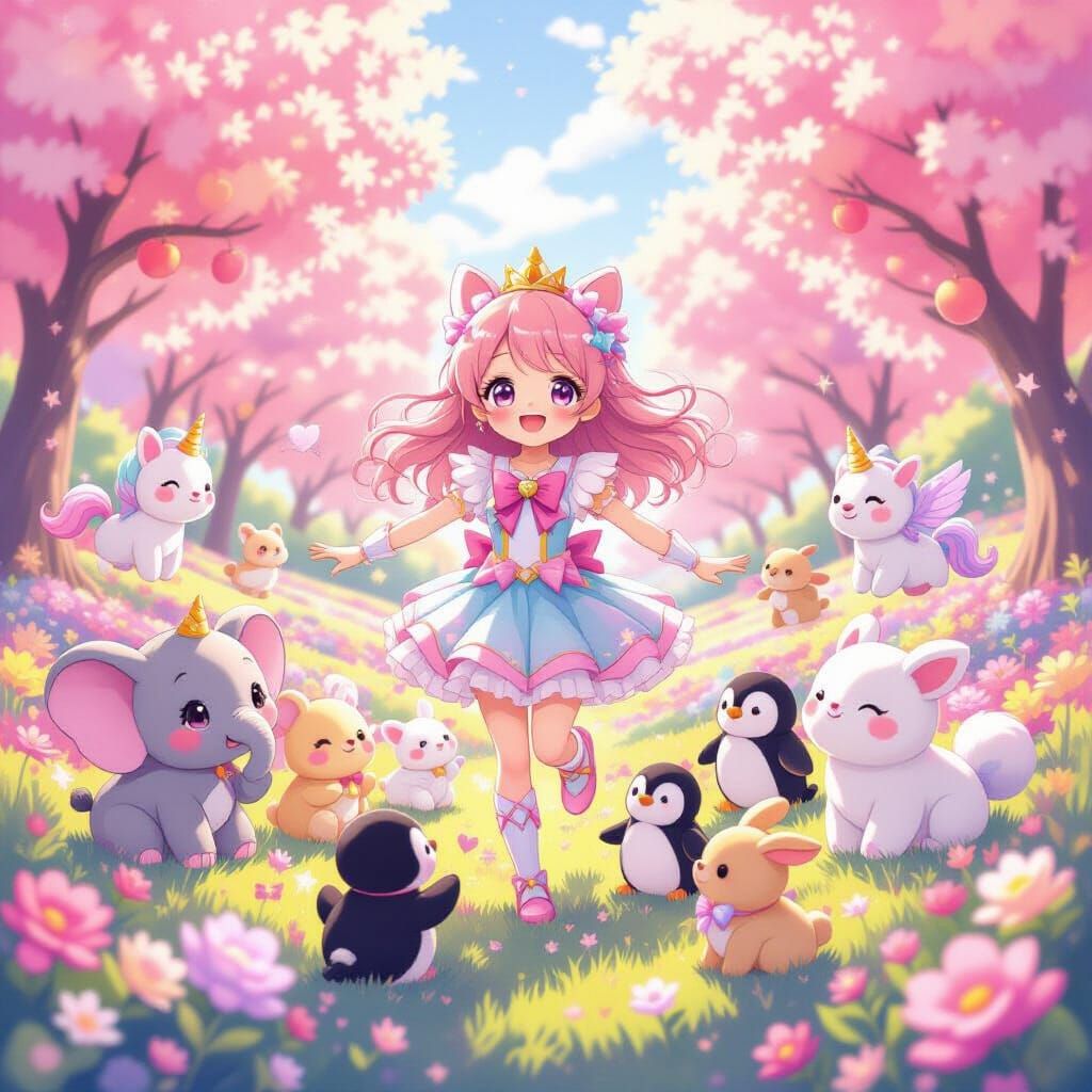 Pastel Magical Girl with Kawaii Animals in Candy Field