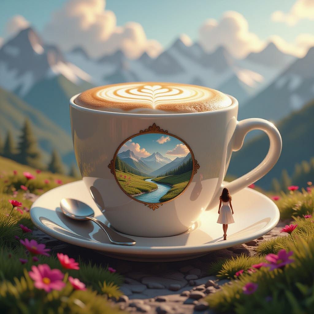 Cappuccino Spring Landscape with Woman, 3D Render