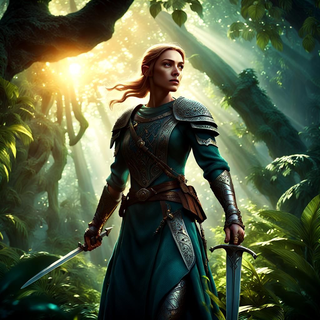 Medieval Heroine in Mystical Jungle: Hyper-Realistic 3D Art