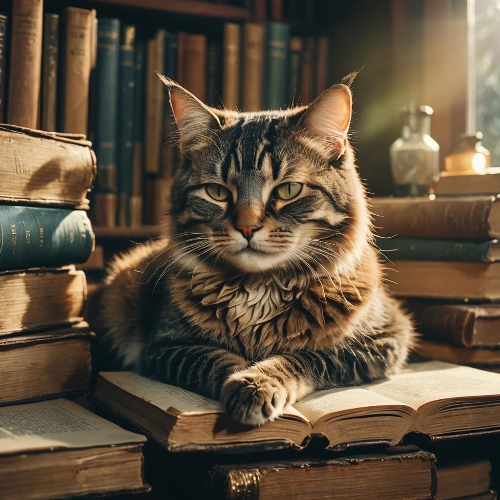 Cozy Cat Nap in Library: Cinematic Film Still