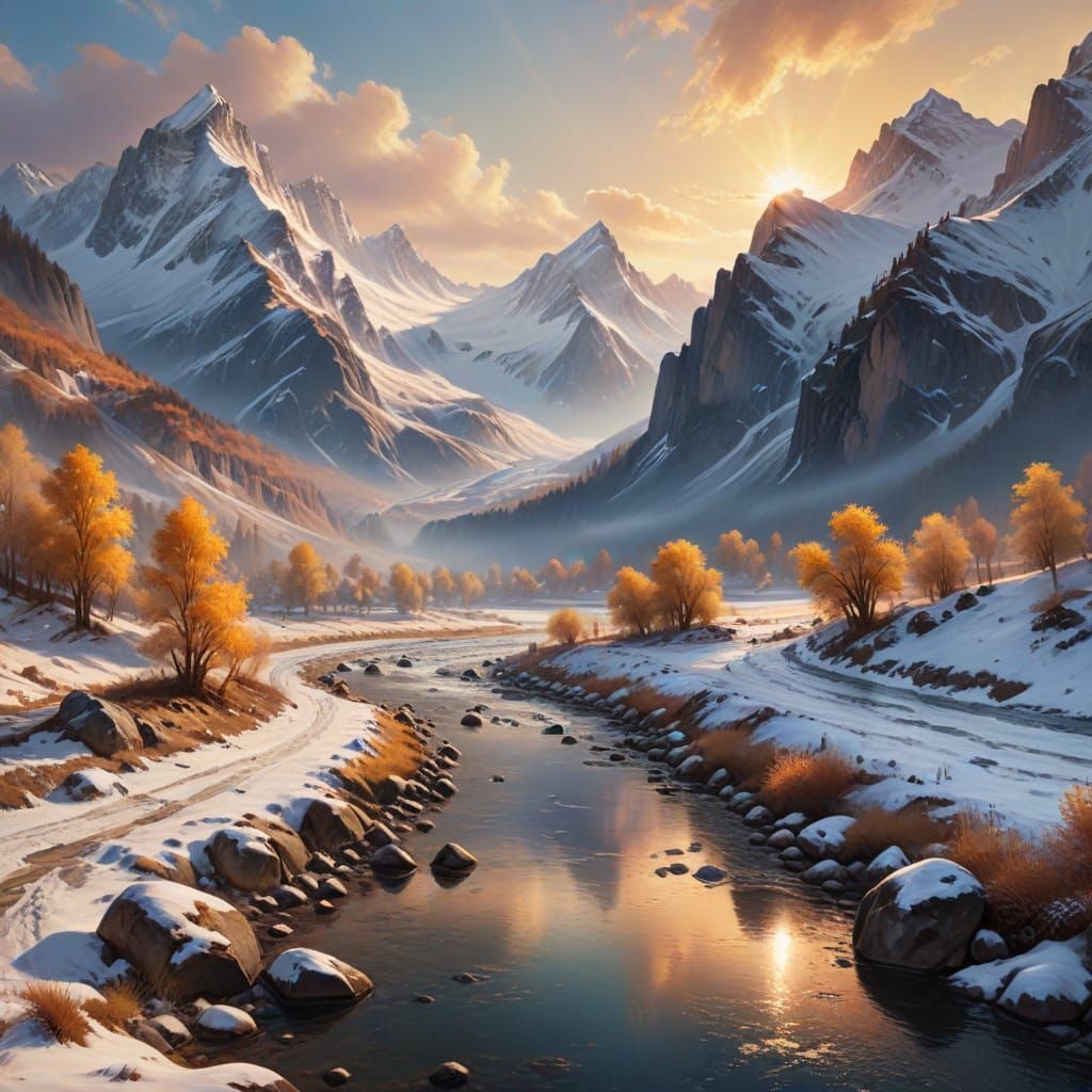 Snowy Mountain Range at Sunrise in Oil Painting Style