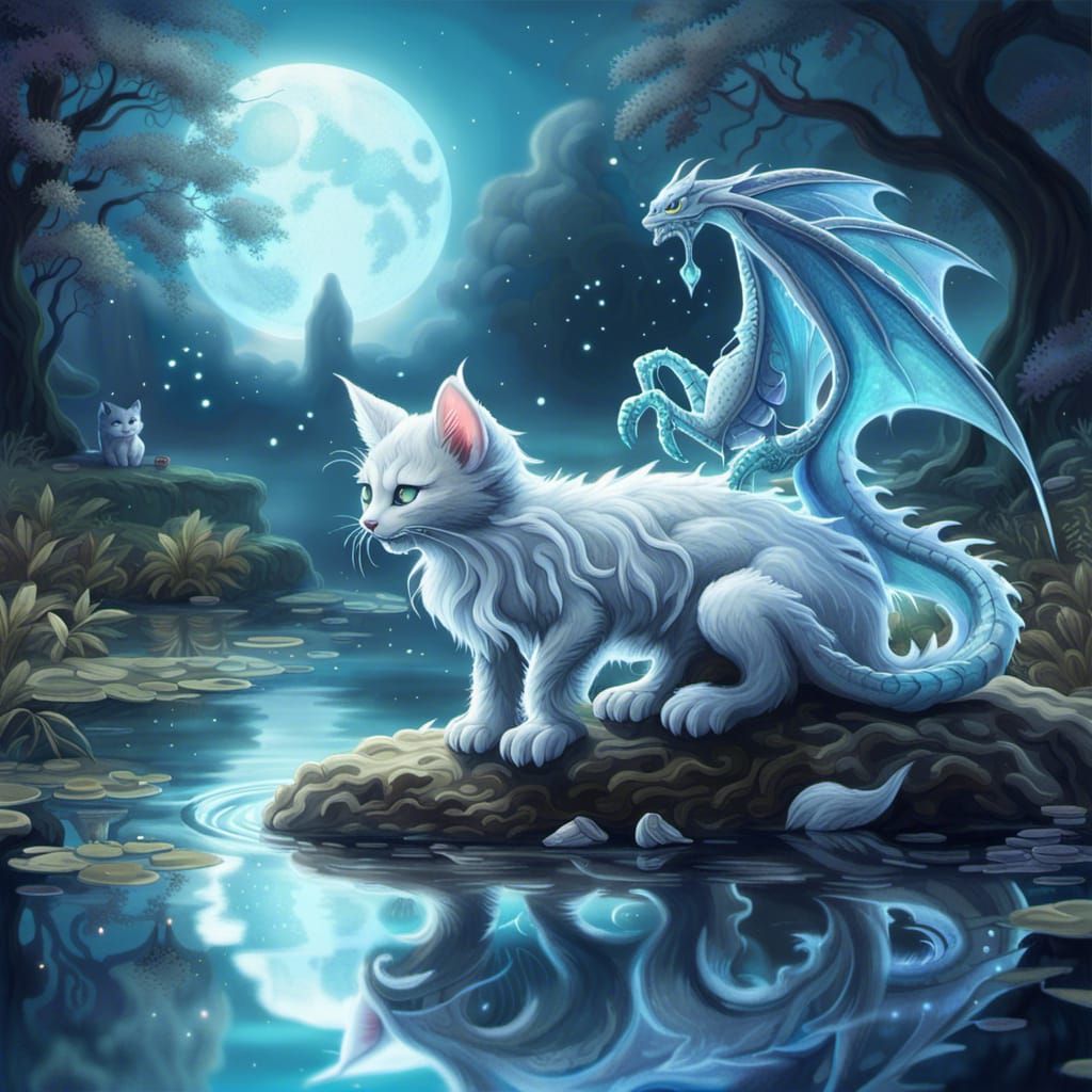 Ethereal Ghost Kitten and Dragon Fantasy Art