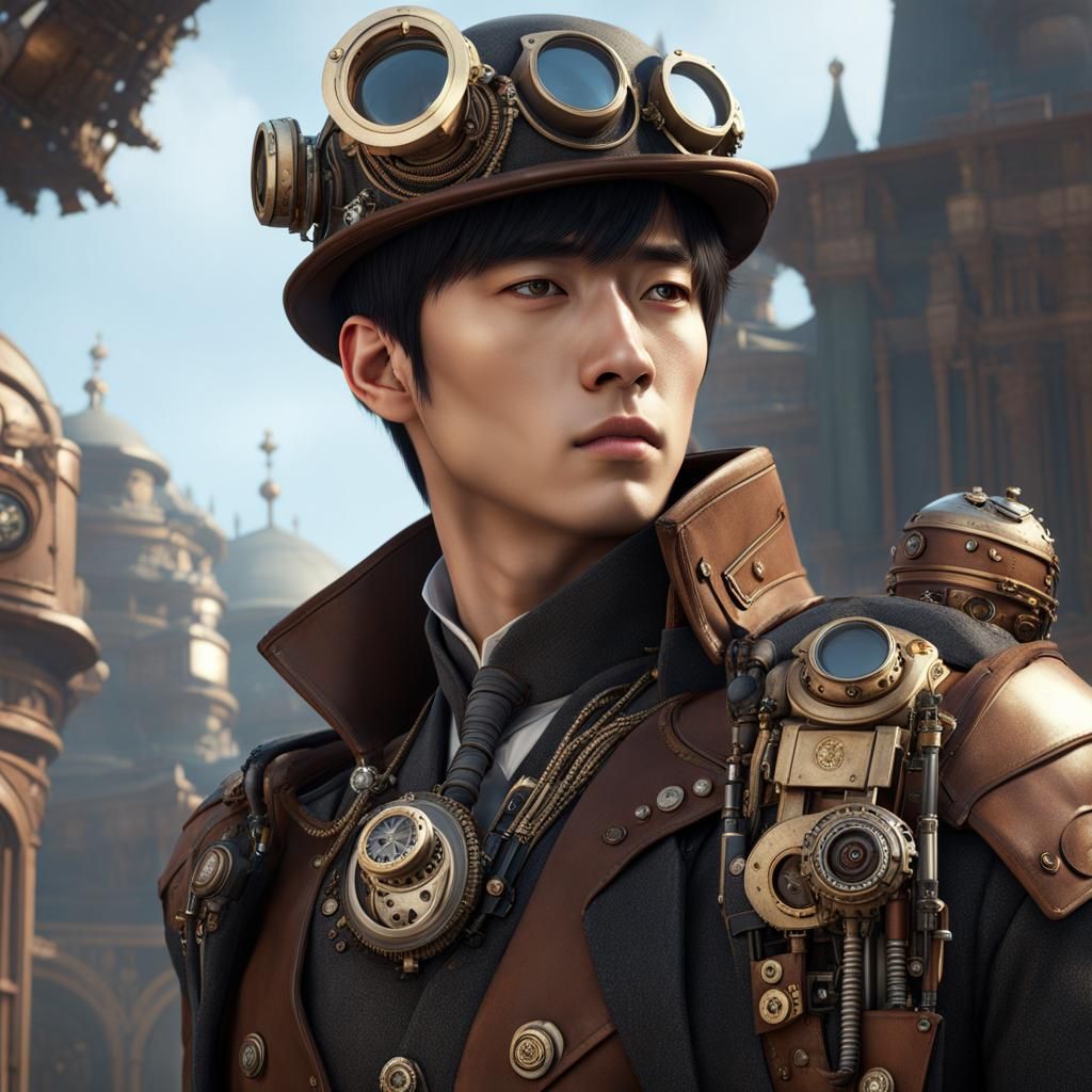 Steampunk Korean Man with Mechanical Eye and Jetpack
