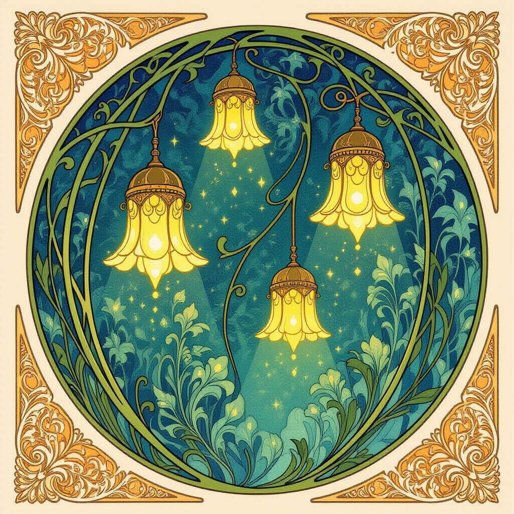 Art Nouveau Illustration of Glowing Lamps