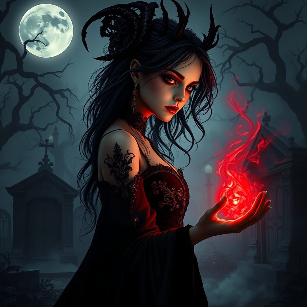 Gothic Necromancer Casting Blood Red Spell under Dark Moon