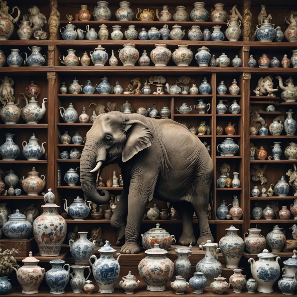 A large elephant stands awkwardly in a tiny china shop fille...