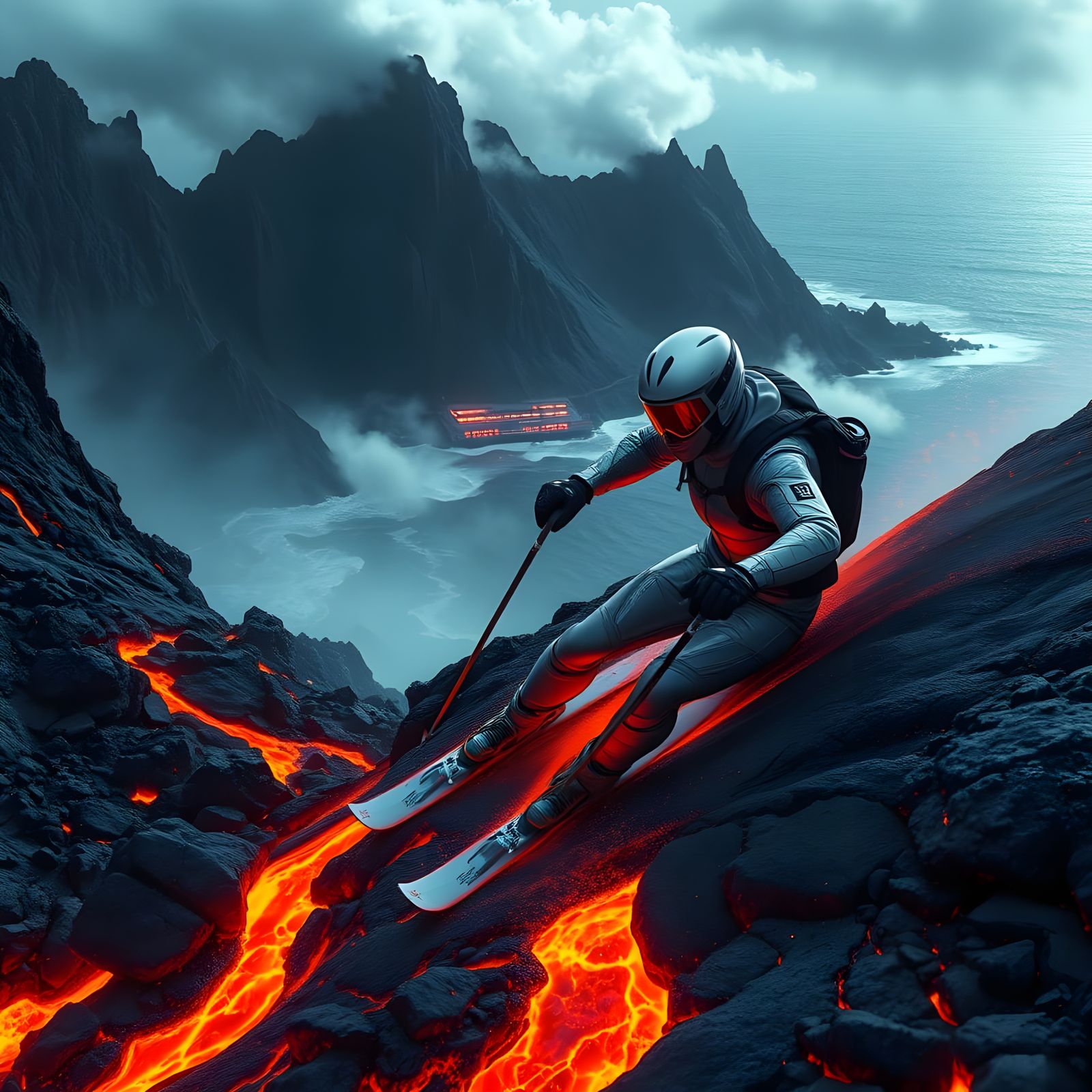 Cyberpunk Skiing in Volcanic Lava Flow