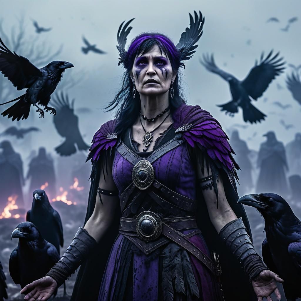 Morrigan's Prophecy on a Foggy Battlefield