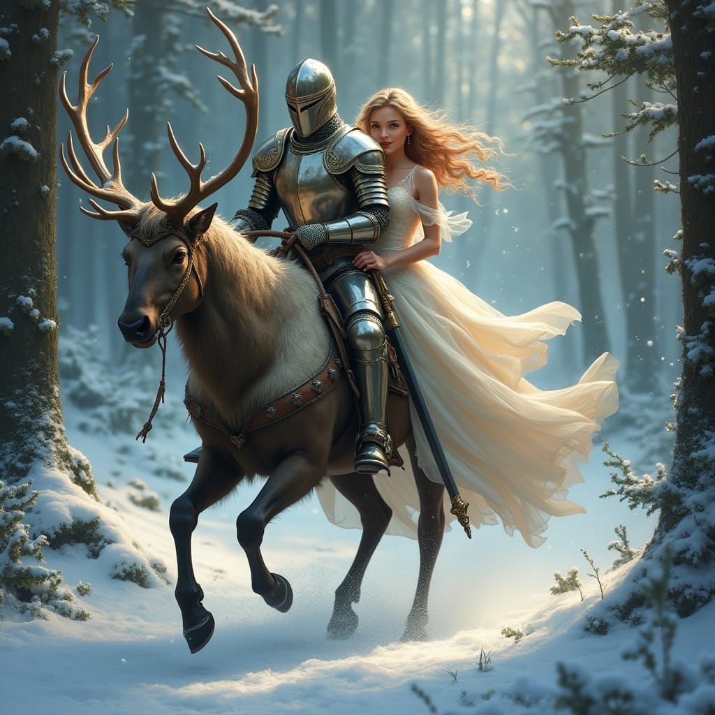 Elegant Fantasy Princess and Knight Ride Magical Deer Throug...