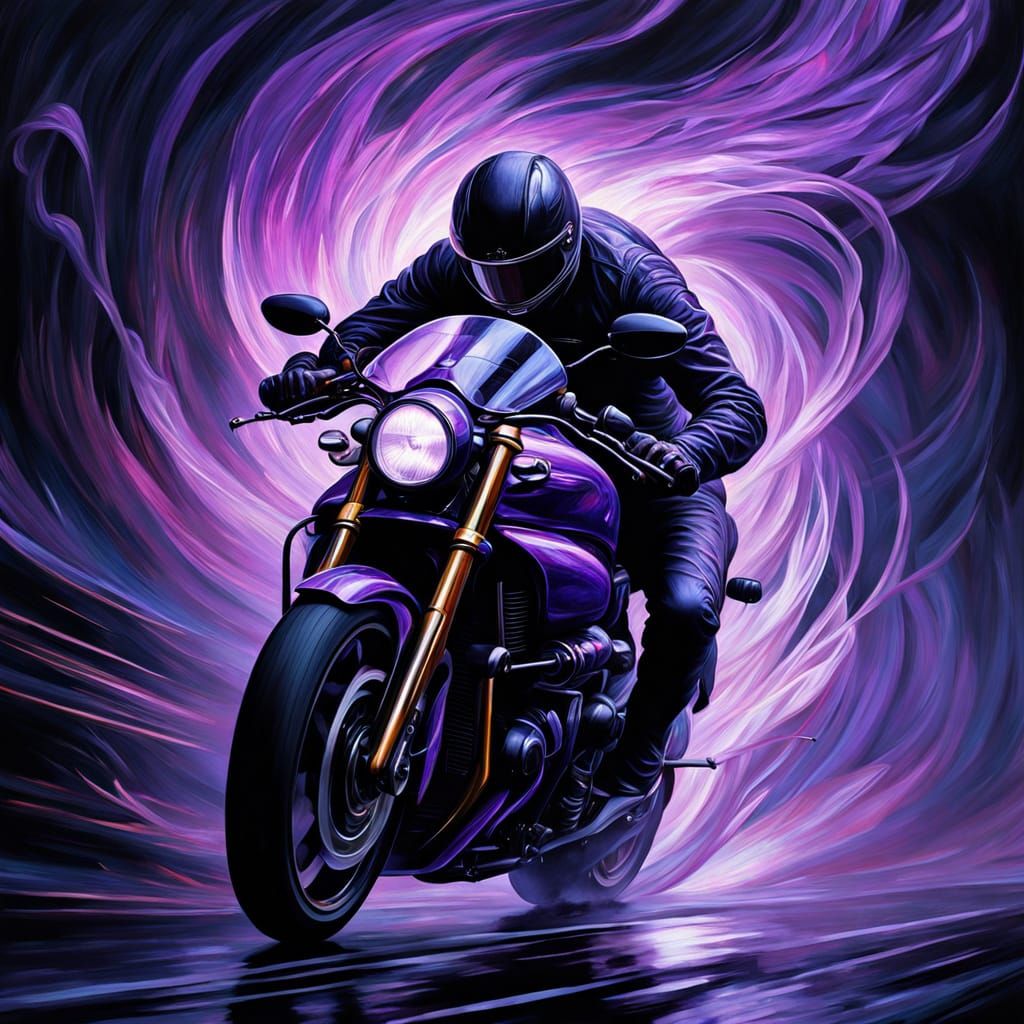 Baroque Oil Painting of Foggy Night Road with Spectral Biker...