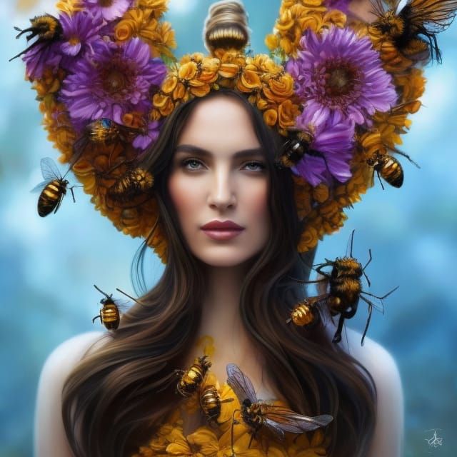 Honey Dress Portrait with Wings, Hyperdetailed Illustration
