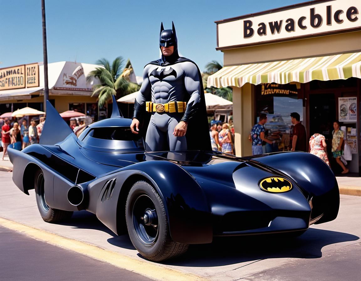 Reluctant Beachgoer with Batmobile, Realistic 8K