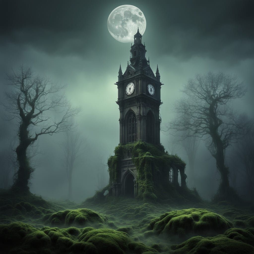 Gothic Clocktower in Moonlit Mist