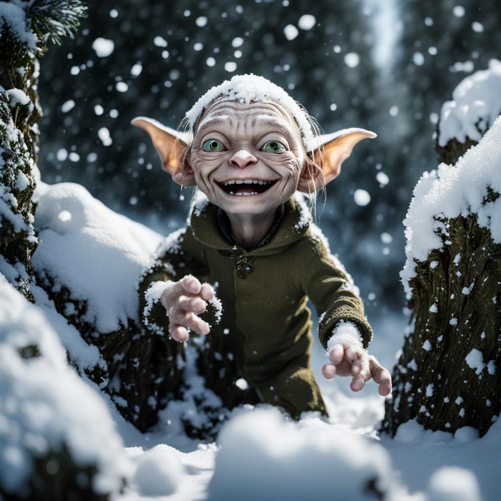 Happy Gollum Playing Joyfully in the Snow