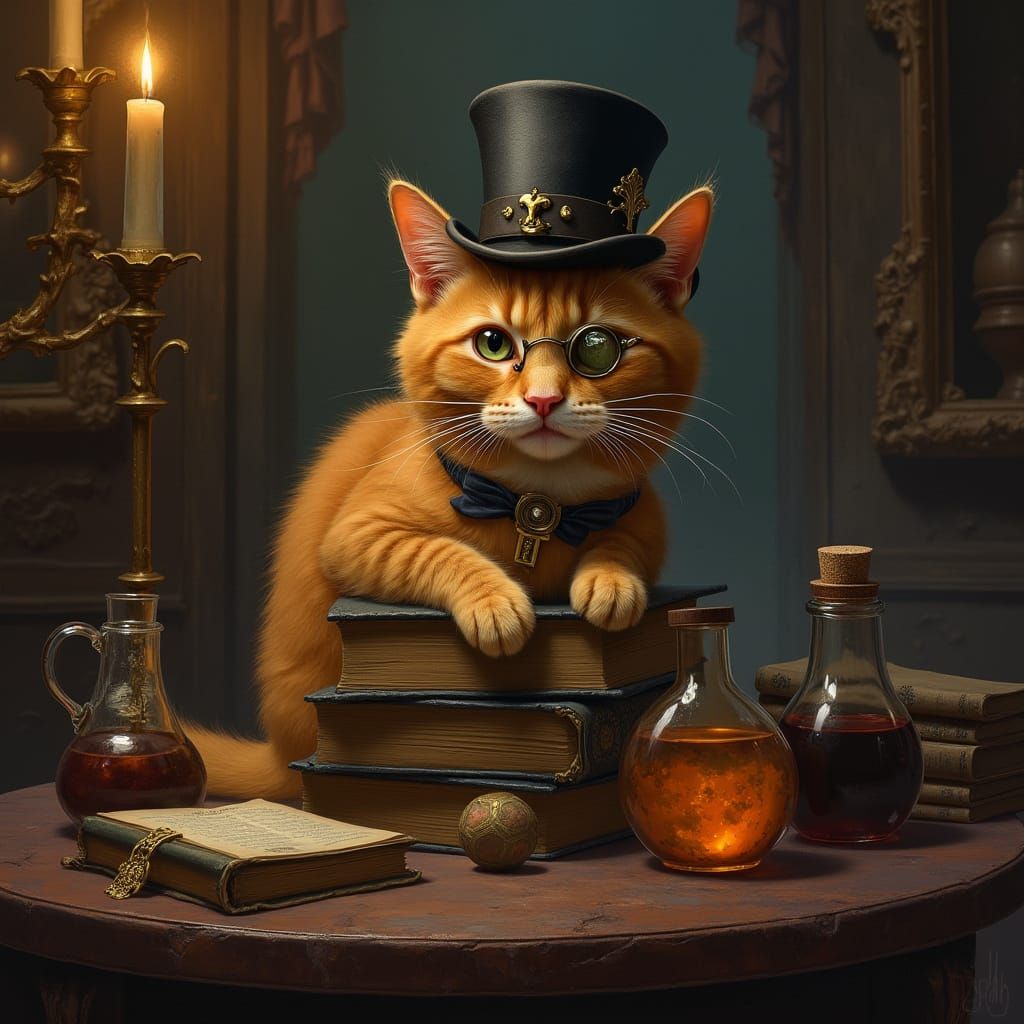 Victorian Cat Portrait with Top Hat and Monocle