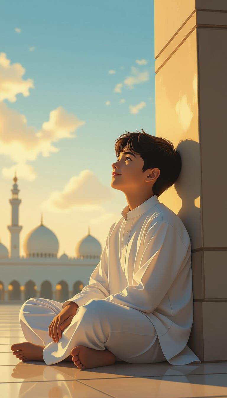 Contemplative Young Man Near Mosque in Cinematic Style