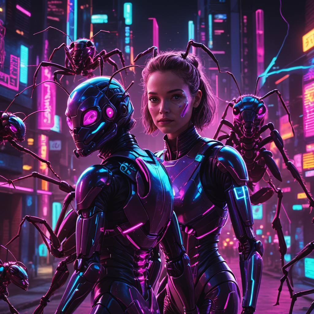 Synthwave Ants Retreat in Neon Cityscape