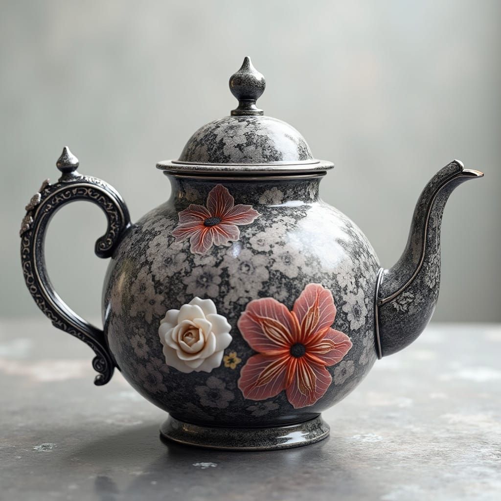 Ethereal Fantasy Tea Pot with Vibrant Flowers in Black and W...