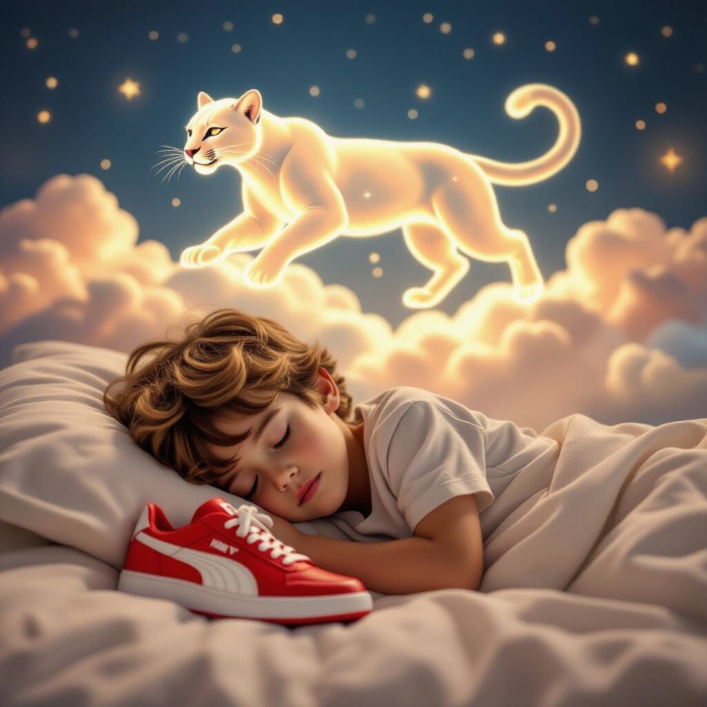 Boy Dreams of Majestic Puma Amidst Stars