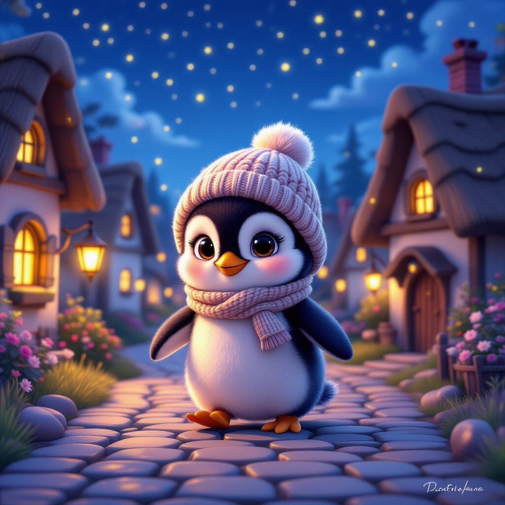 Penguin in Fairytale Village, 3D Cartoon Style