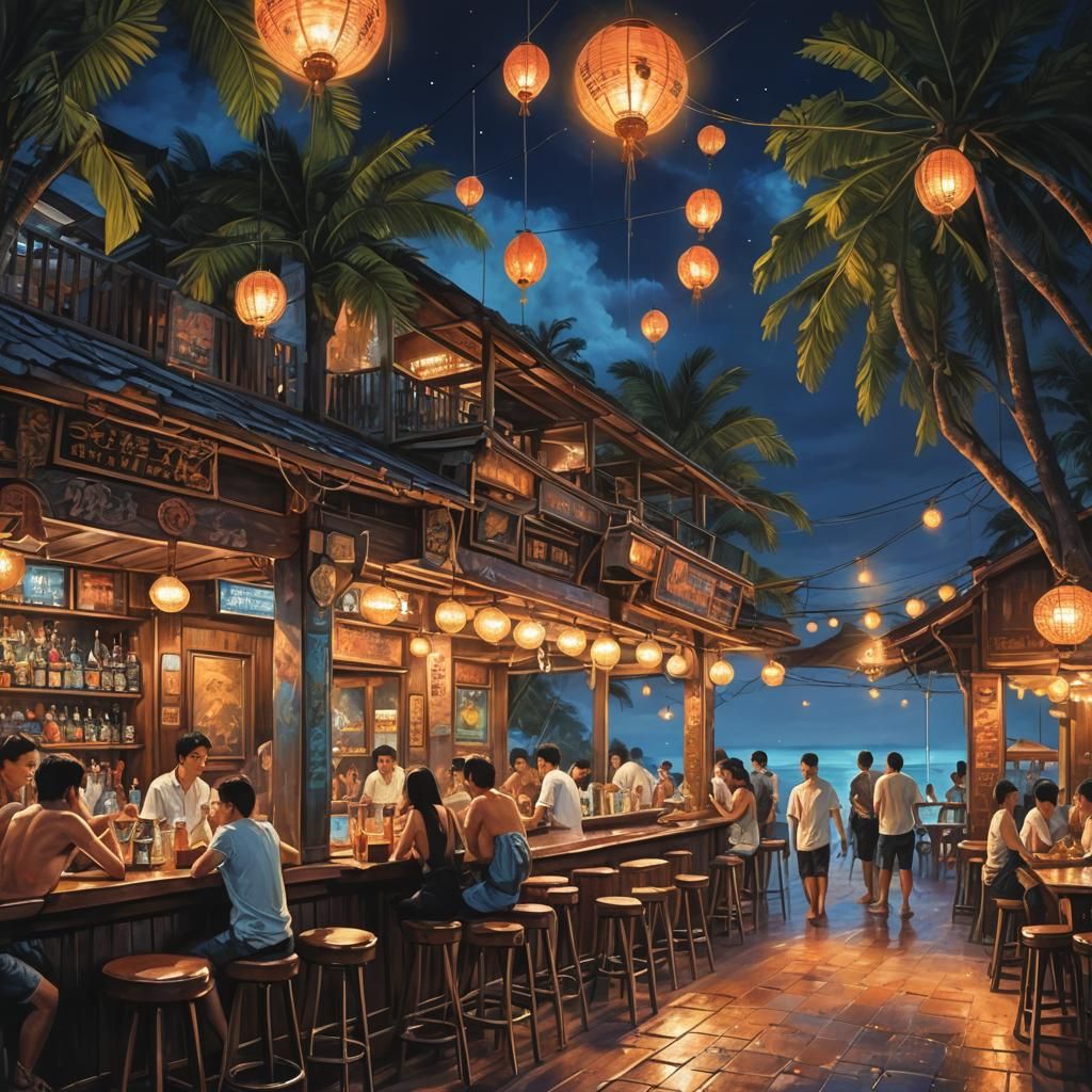 Pattaya Seaside Bar at Night: Matte Painting