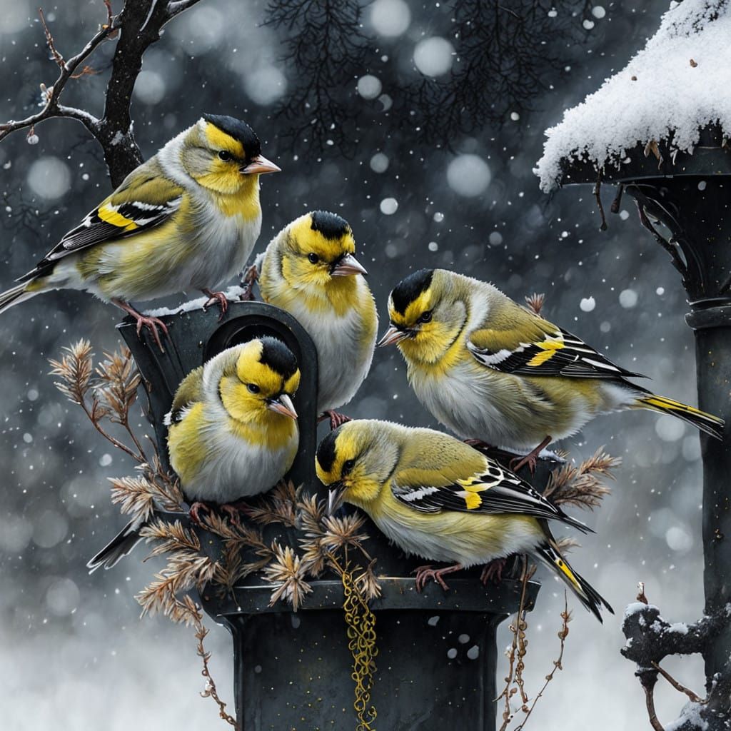 Winter Goldfinches Gather in Snowy Huddle, Delicate Impressi...