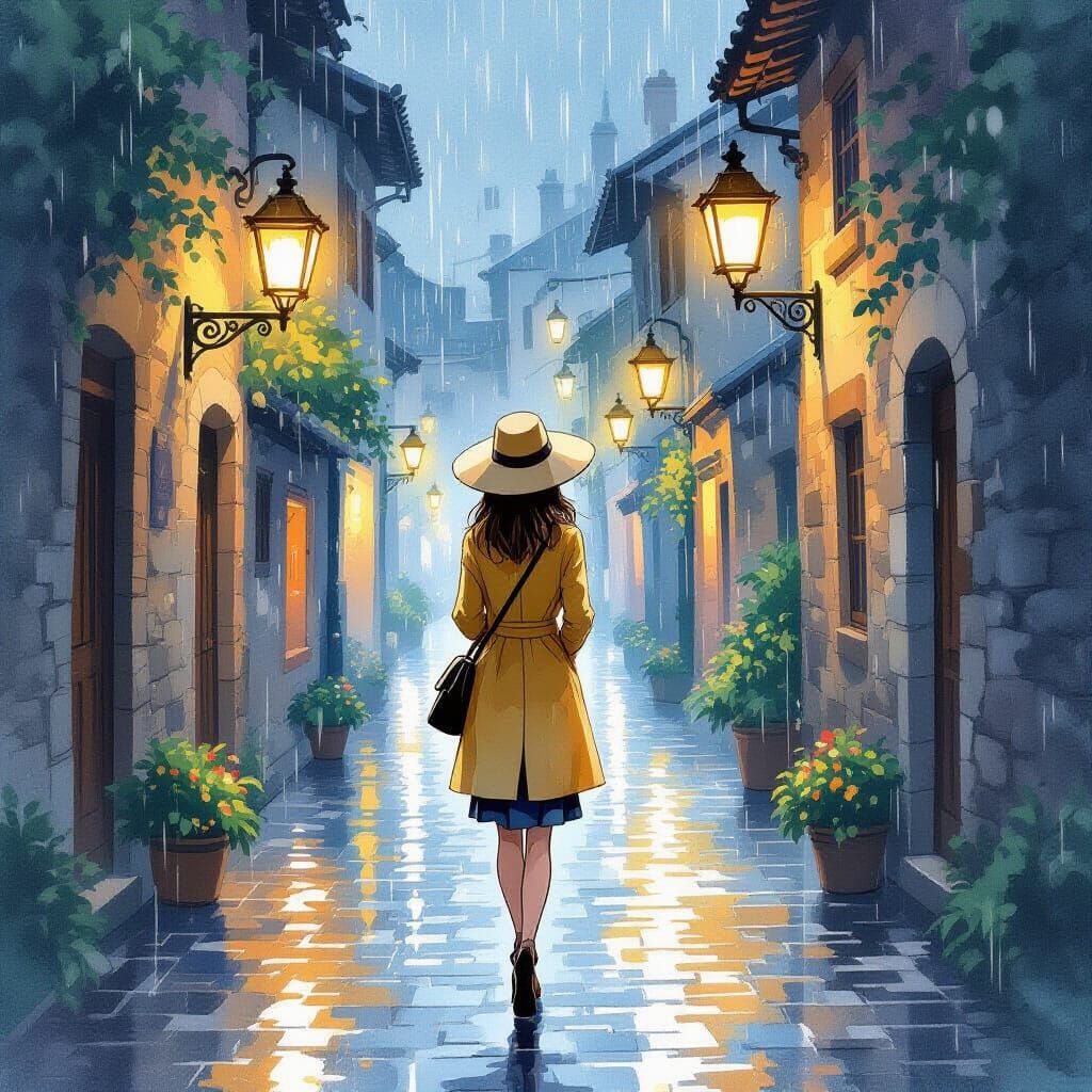 Whimsical Alleyway Scene with Woman in Raincoat
