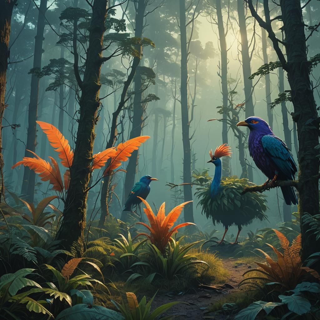 Mystical Forest Wildlife in Matte Painting Style