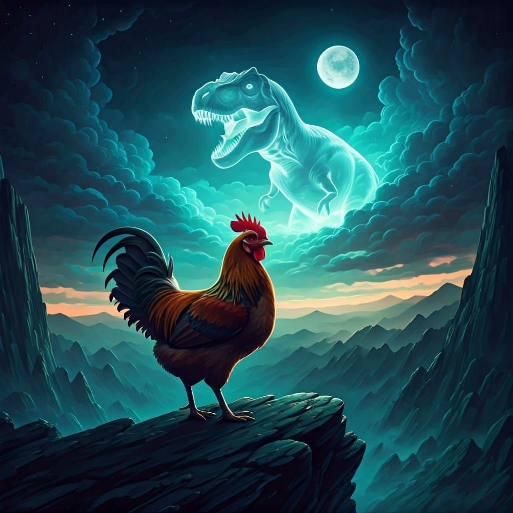 Majestic Chicken Admires Ethereal T-Rex in a Fantastical Lan...