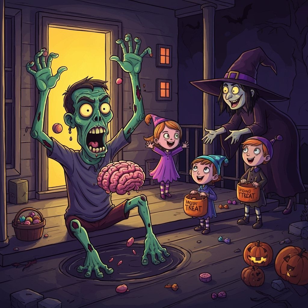 Zombie Bobbing for Brains with Trick-or-Treaters and Witch