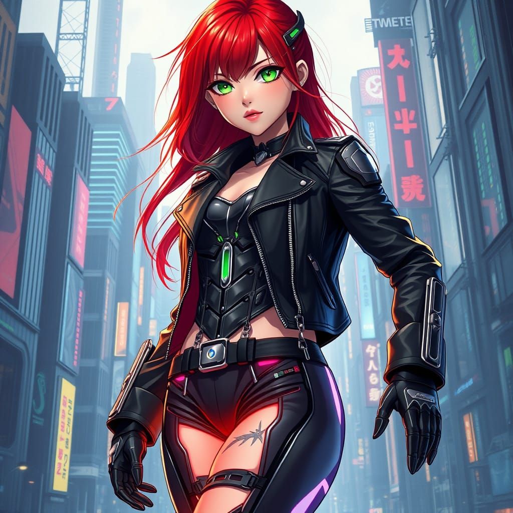 Cyberpunk Redheaded Heroine in Dystopian Metropolis