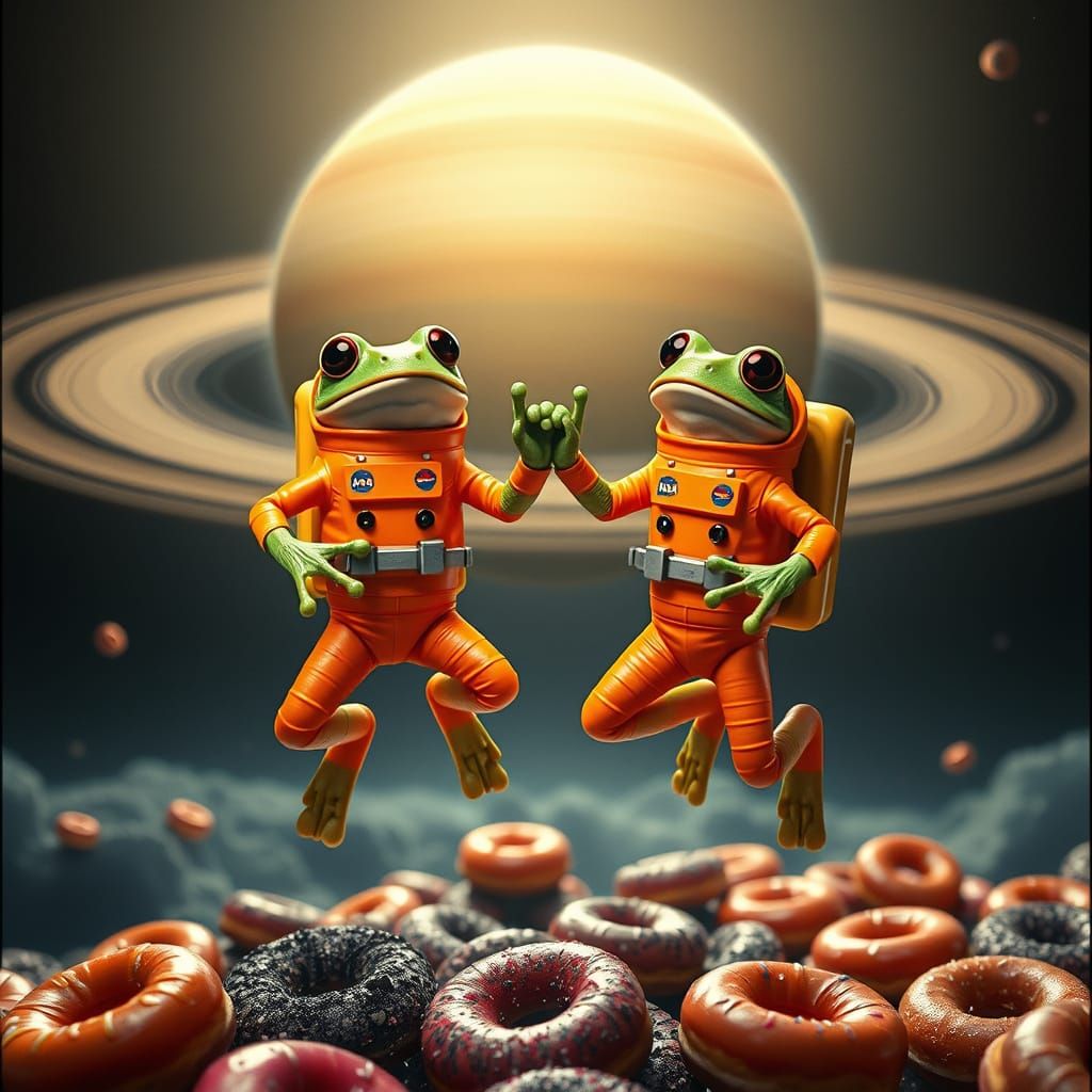 Vibrant Astronaut Frogs Leap Amidst Saturn's Rings with Juic...