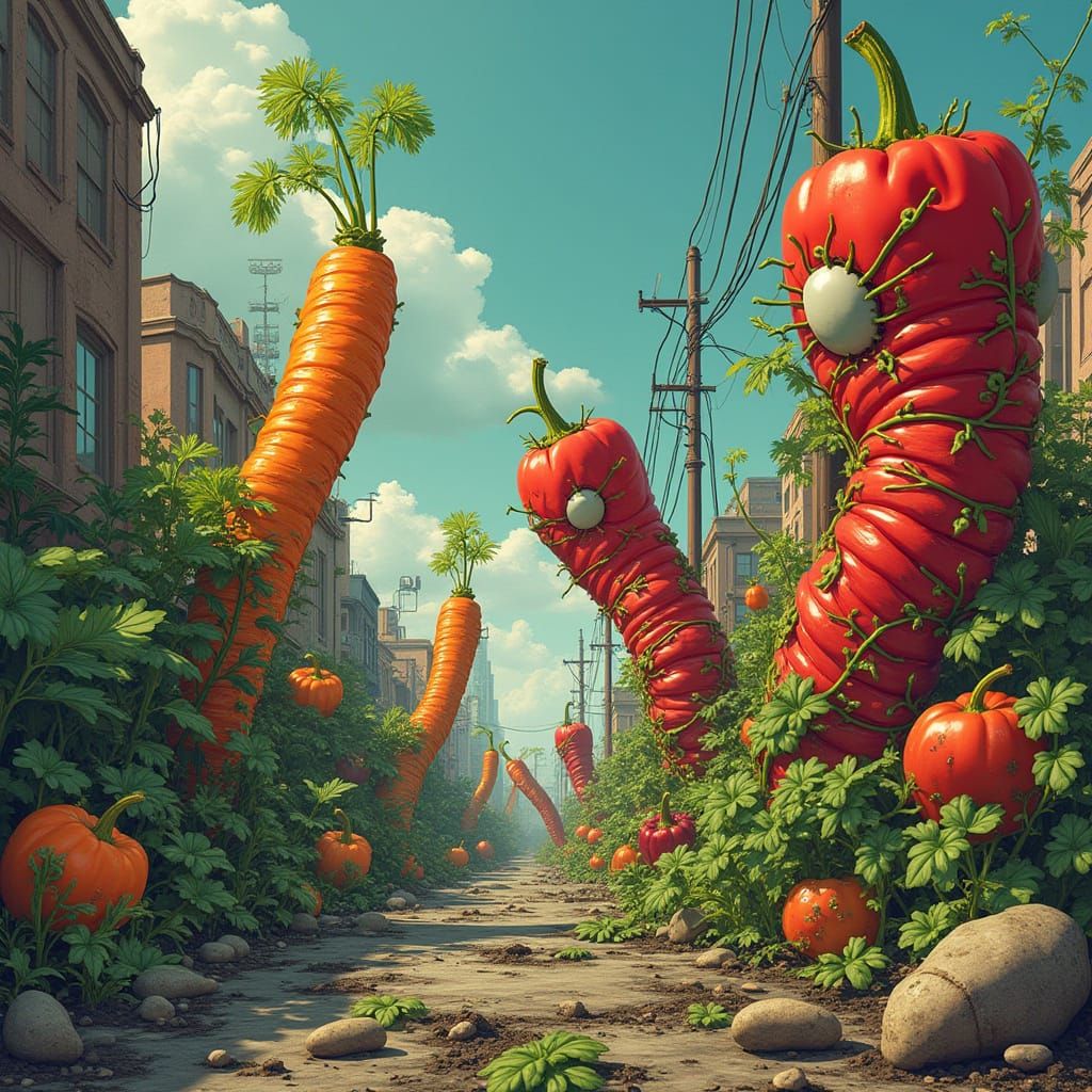 Menacing Vegetables Rise in Dystopian Cityscape